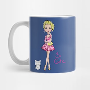 Pop Art girl in dress with cat Mug